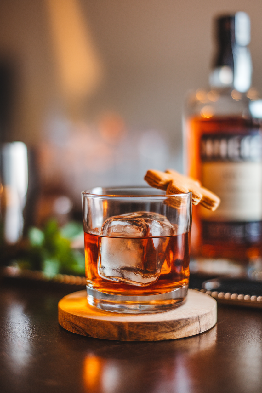 An indoor bar top showcasing a rocks glass of amber whiskey over a clear ice cube, garnished with a tiny gingerbread cookie on the rim. No text or logos; photograph, not illustration.