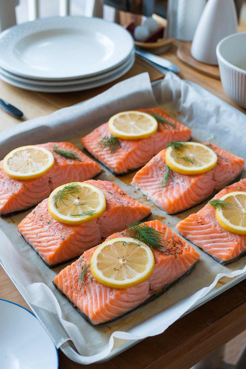 Indoor dining table featuring baked salmon fillets topped with lemon slices and chopped dill, skin side down on parchment. Cooked fish only, no text or logos.