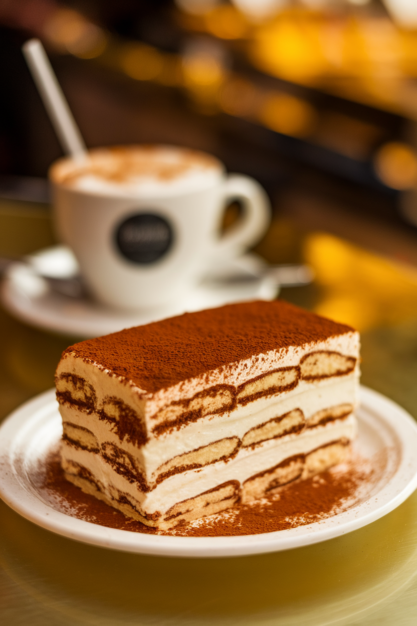 An indoor Italian café vibe featuring a tall tiramisu layer cake slice, cocoa dusting on top and espresso-soaked sponge visible. No text or logos. Photo, not illustration.