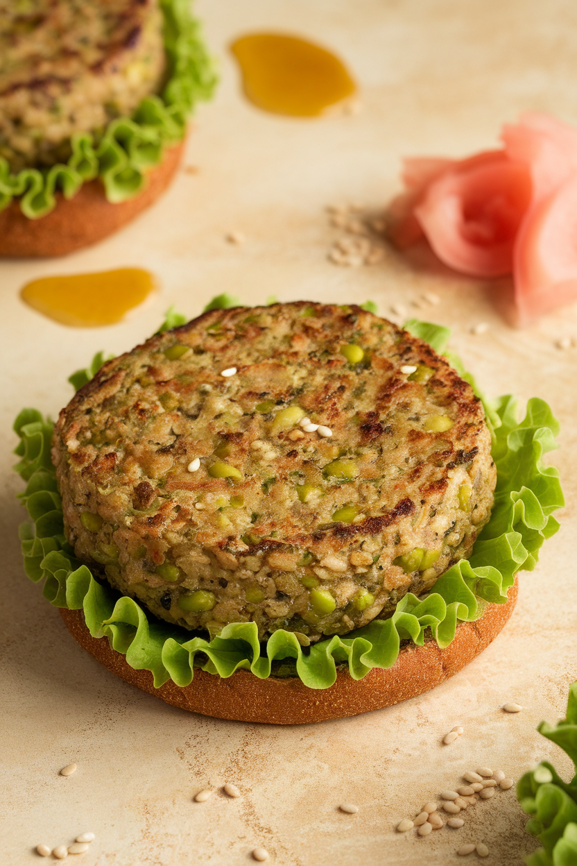 Photo of a green-flecked edamame and brown rice patty served bun-less with pickled ginger on the side, indoor table; no text or logos; photo, not illustration