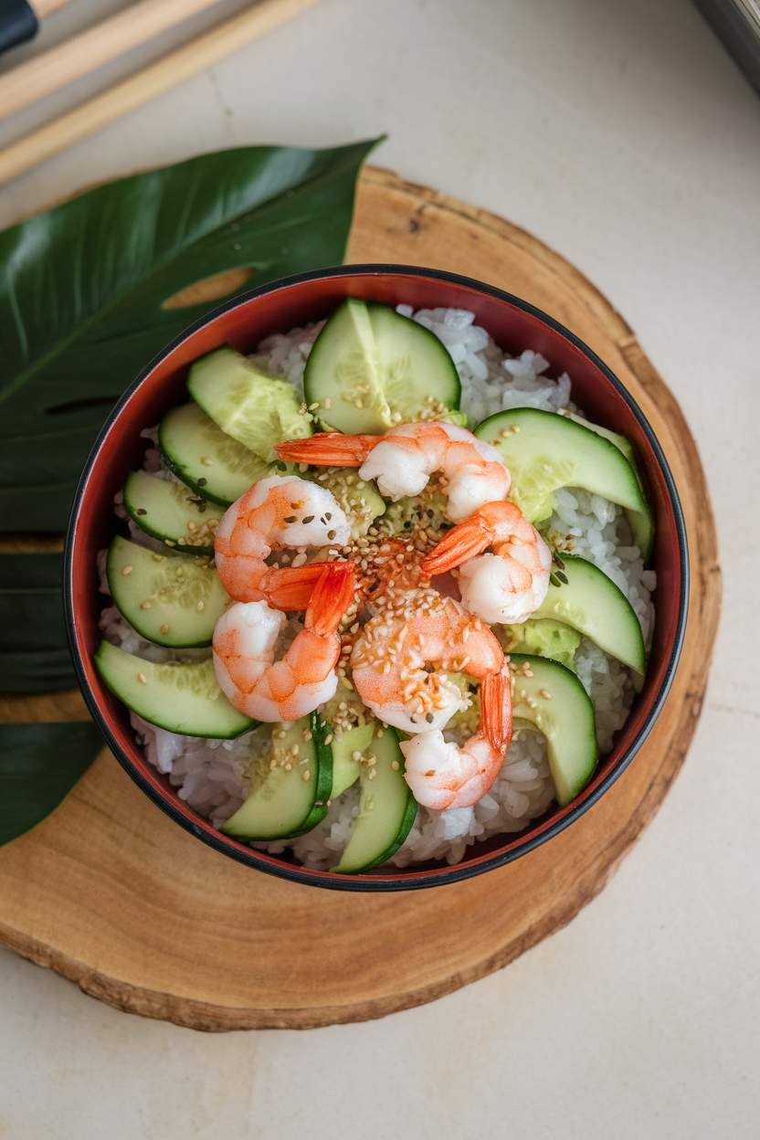 Indoor bowl photo containing sushi rice, cooked shrimp, cucumber ribbons, avocado slices, and sesame seeds; even overhead lighting, no text or logos.