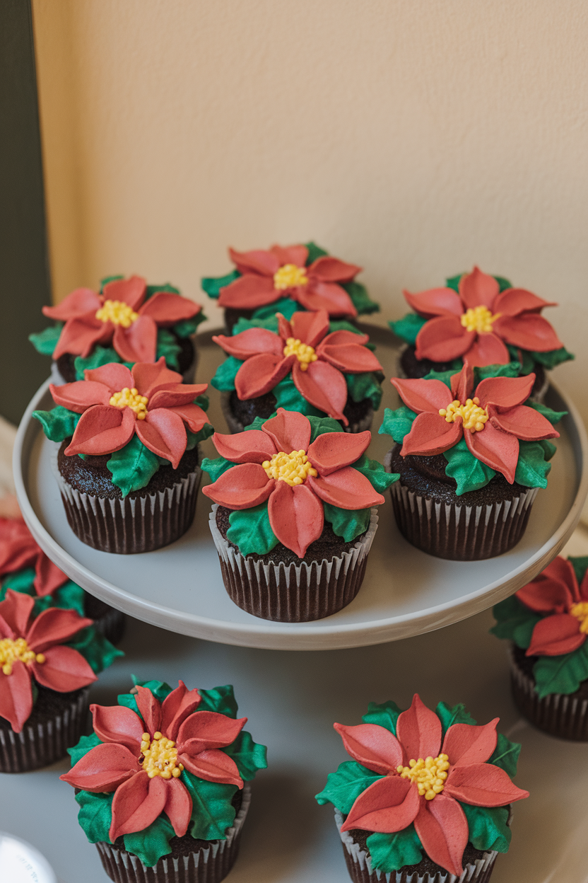 Photo of indoor bakery display showing cupcakes topped with red and green buttercream petals forming poinsettias, yellow sprinkle centers, no text or logos.