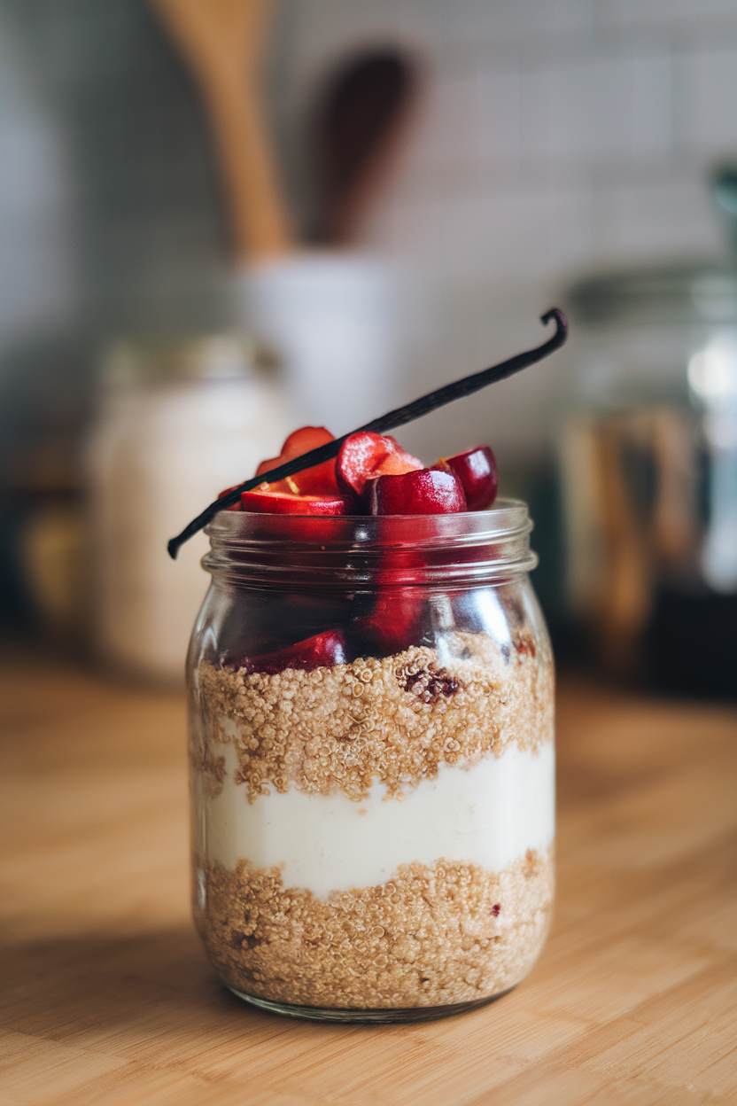 A jar indoors showing layers of quinoa soaked in almond milk, topped with sliced cherries and a vanilla bean speck; no text or logos.