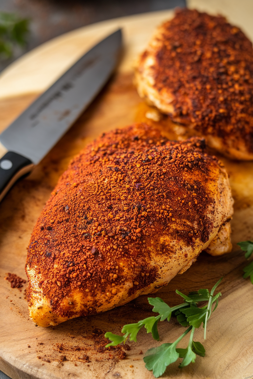 Indoor wooden board with air-fried chicken breast coated in dark coffee spice rub, knife beside it, 45-degree angle. No text or logos.