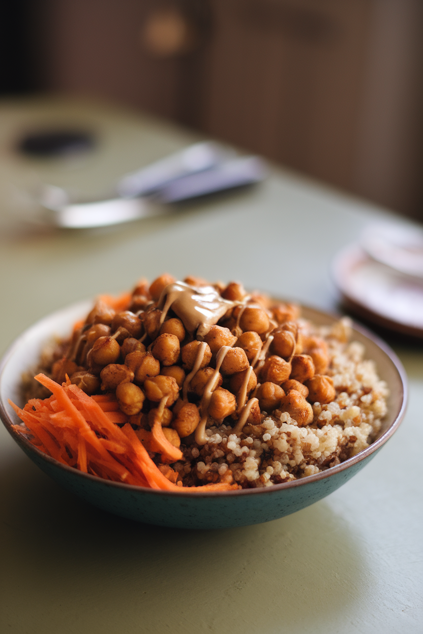 Wide bowl filled with roasted chickpeas, quinoa, shredded carrots, and tahini drizzle on an indoor table, no text or logos.