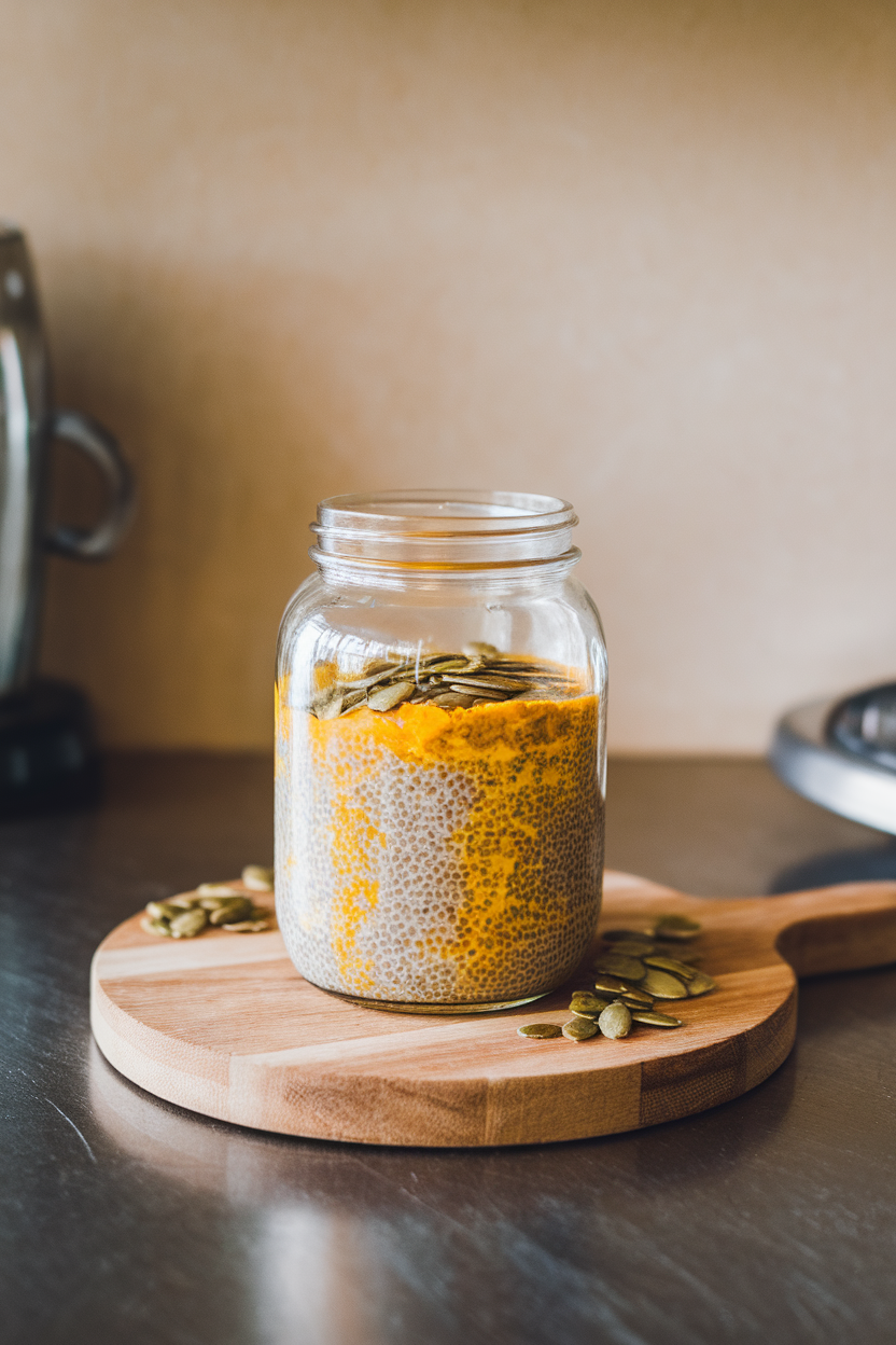 A glass jar on an indoor counter filled with orange-tinted chia pudding topped with pumpkin seeds; no visible text or logos.