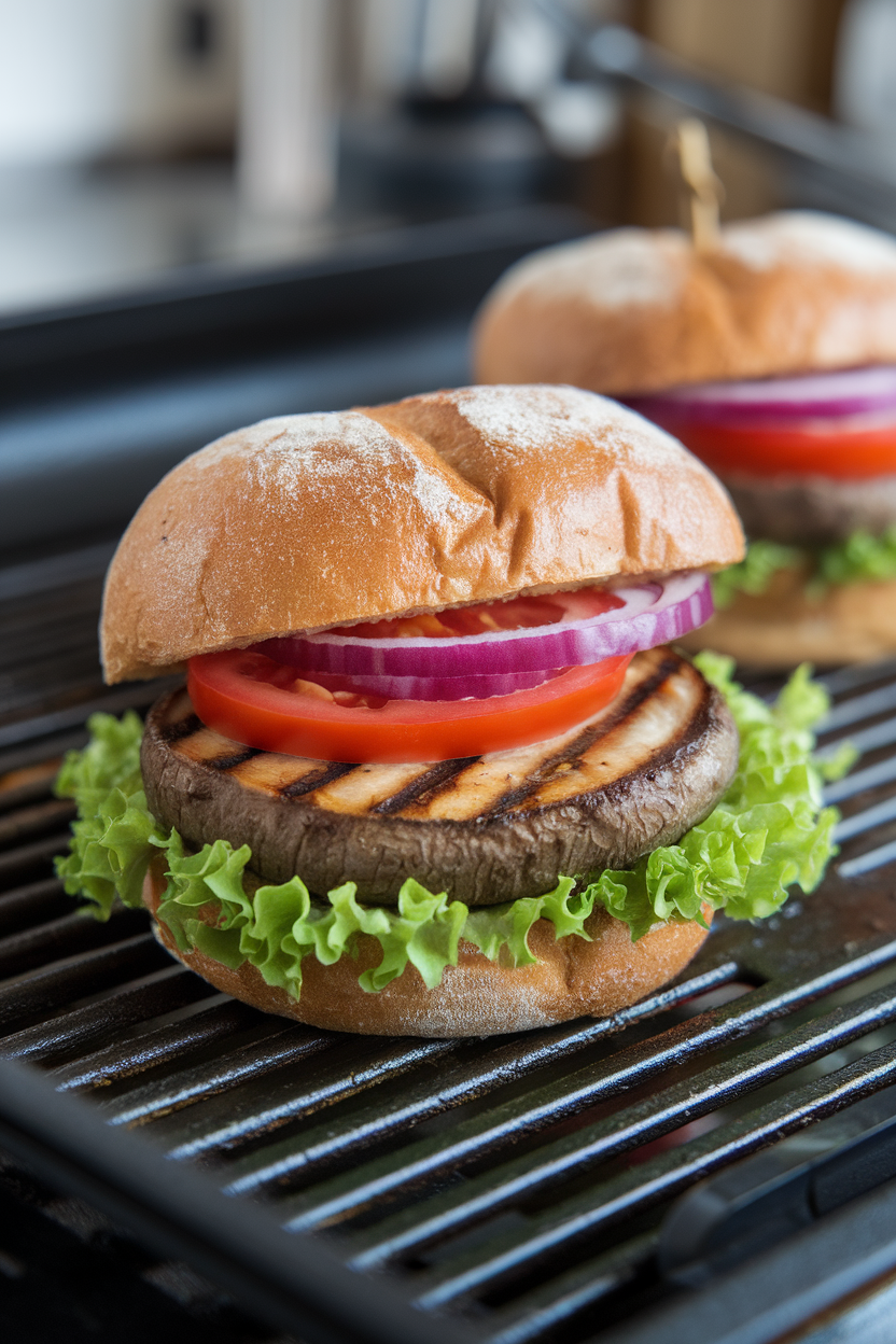 Indoor grill-pan shot of a seared portobello cap on a whole-grain bun with lettuce, tomato, and red onion. No logos or text; photo only.