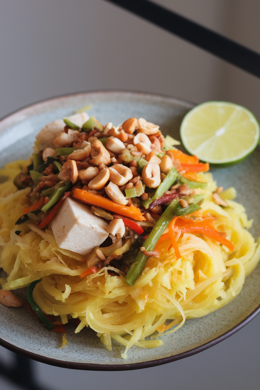 An indoor photo of a plate of spaghetti squash strands tossed with colorful vegetables, peanuts, and tofu, lime wedge on the side. No text or logos.