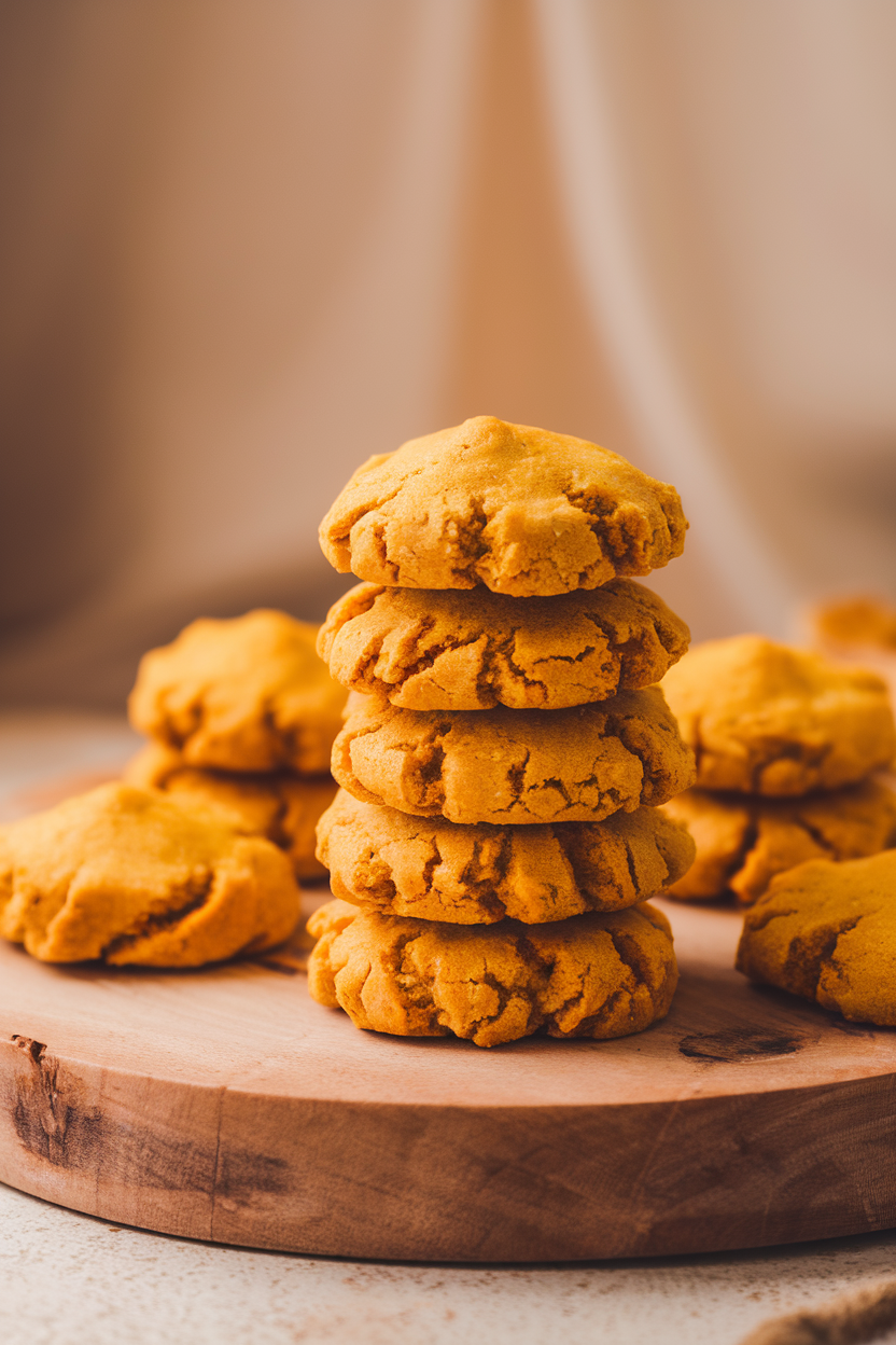 Photo prompt: Golden turmeric-ginger cookies stacked neatly on a wooden board indoors, no logos or text.