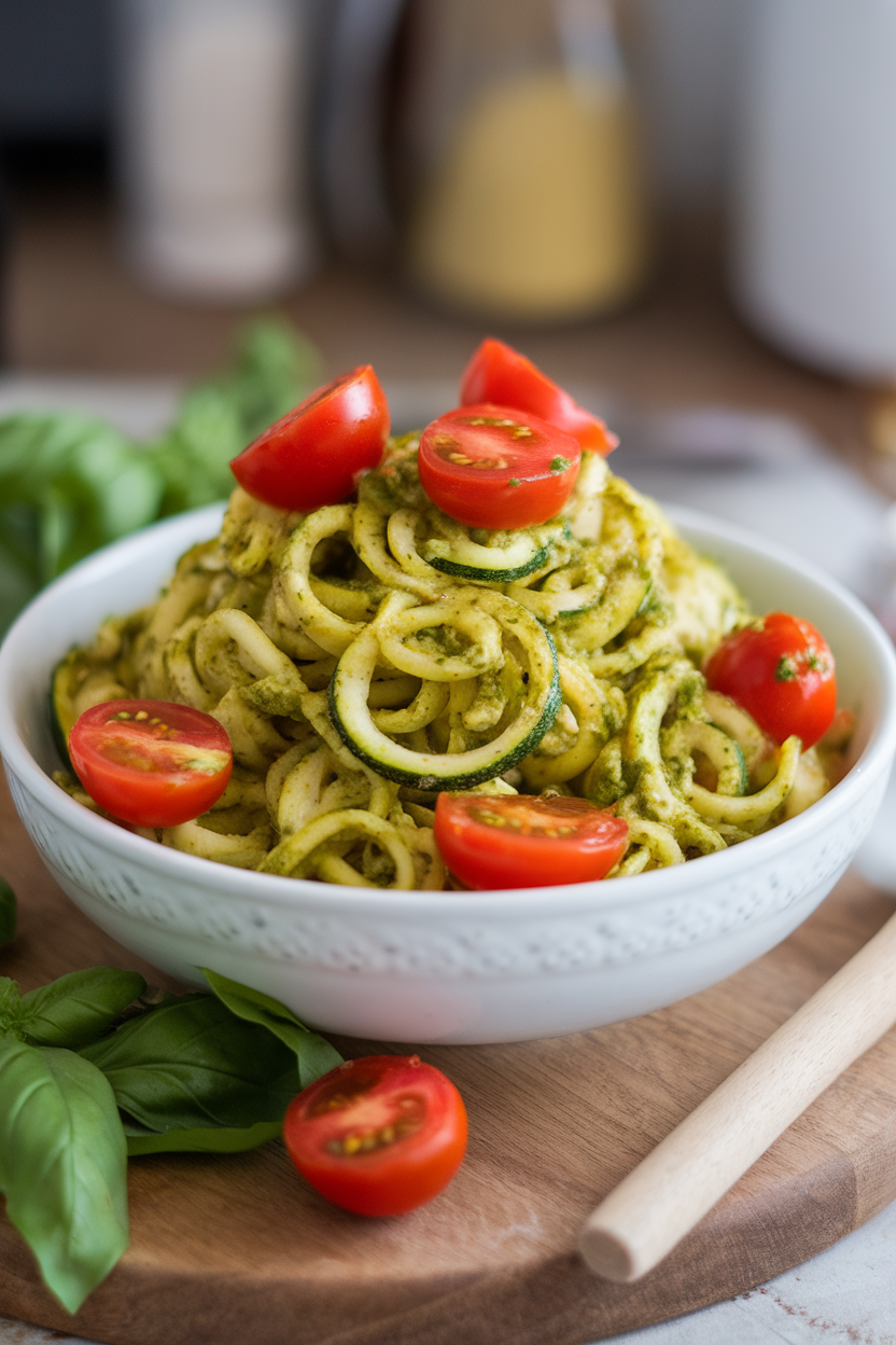 A white pasta bowl indoors filled with spiralized zucchini coated in vibrant green pesto, cherry tomato halves dotted on top. Photo, no text or logos.