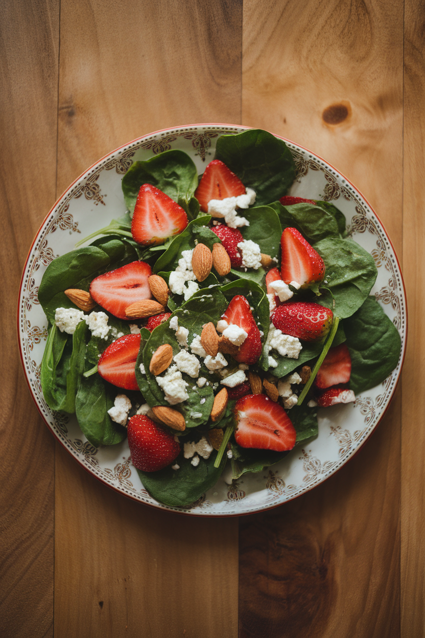 Indoor photo of baby spinach leaves mixed with sliced strawberries, feta crumbles, and toasted almonds on a festive plate. No text or logos.