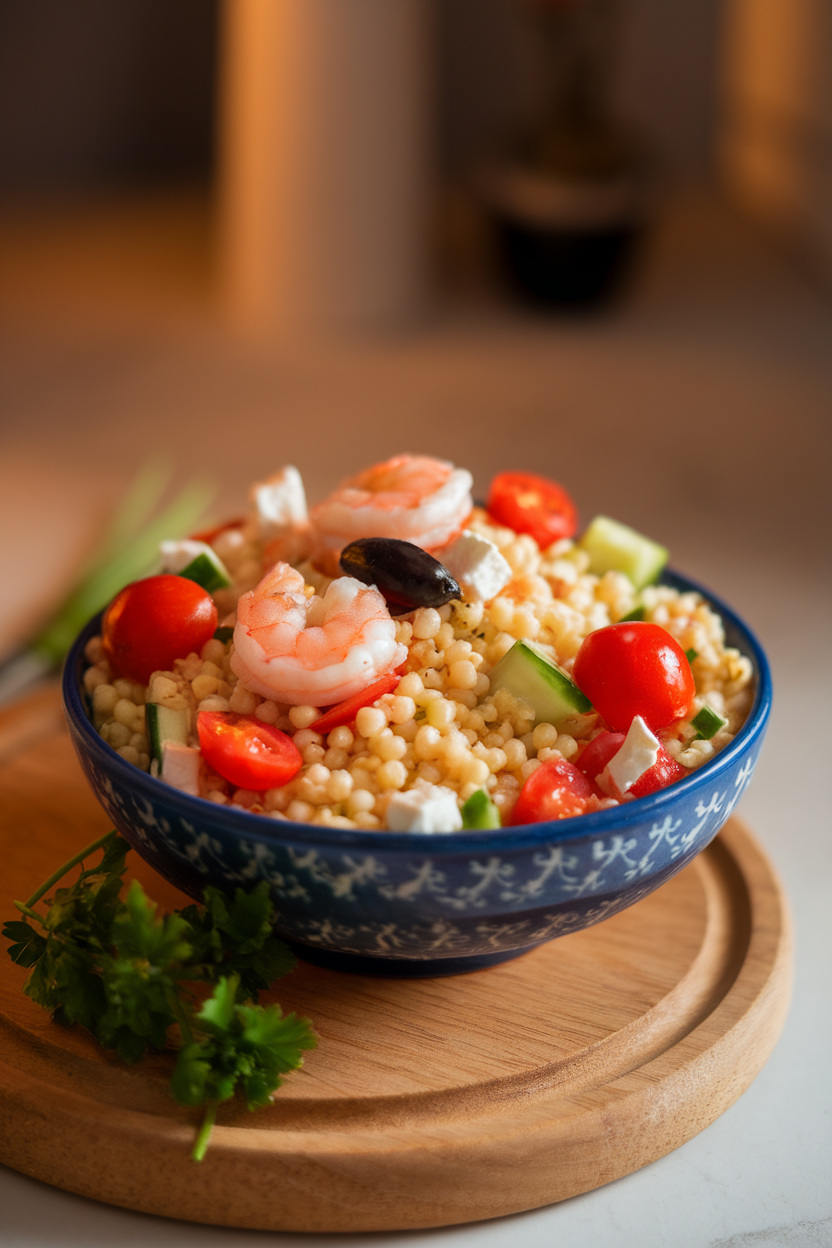 Indoor bowl photo featuring pearl couscous mixed with cherry tomatoes, cucumbers, olives, feta crumbles, and cooked shrimp; warm side lighting, no text or logos.