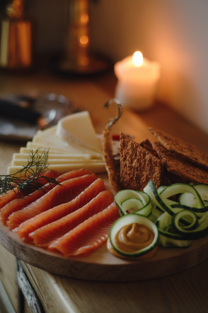 Cozy indoor photo with a board displaying gravlax, dill Havarti, rye crisps, cucumber ribbons, and mustard sauce; warm candlelight, no logos