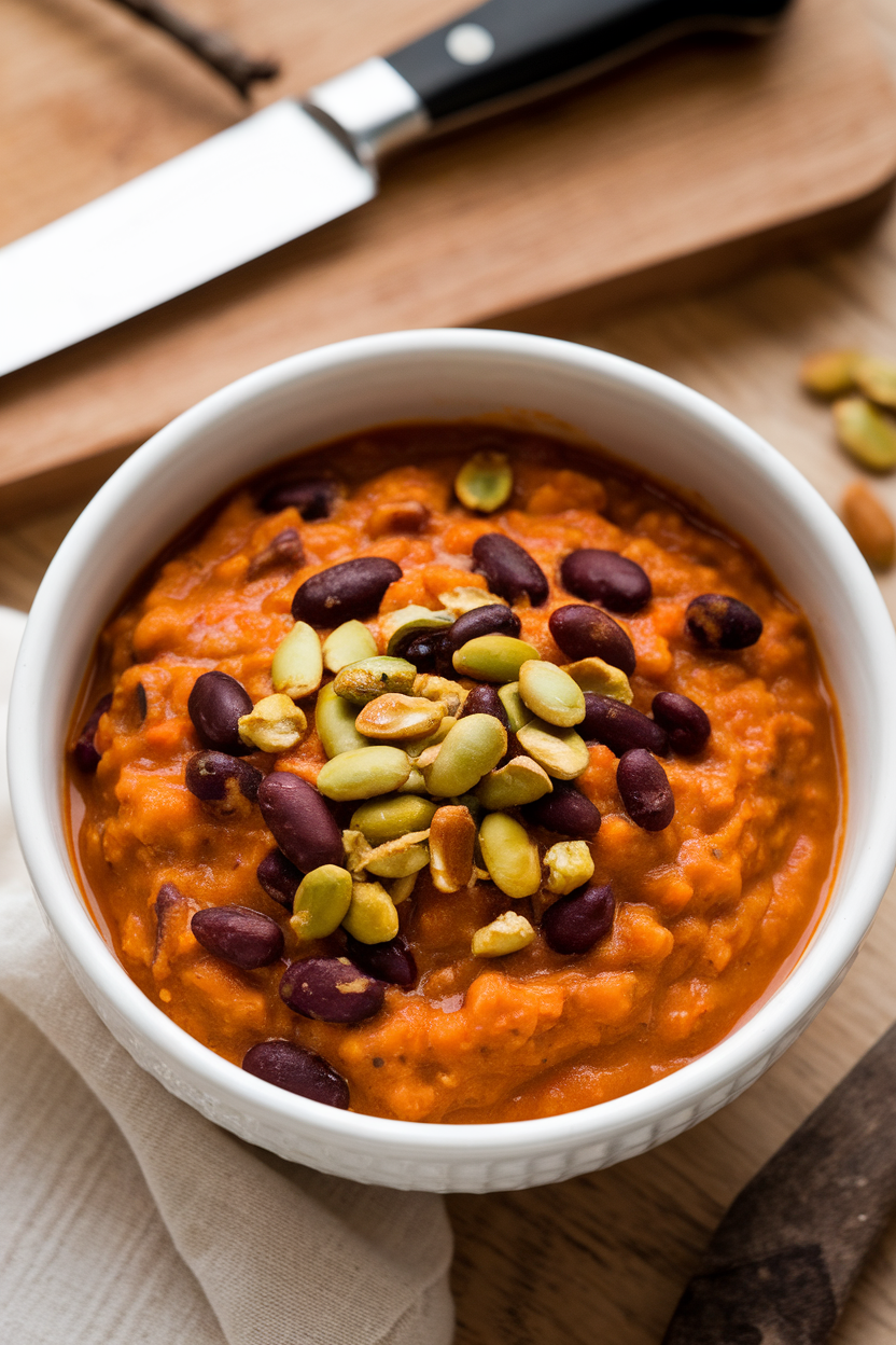 Indoor photo of deep orange pumpkin chili speckled with black beans, topped with toasted pepitas; no text or logos.