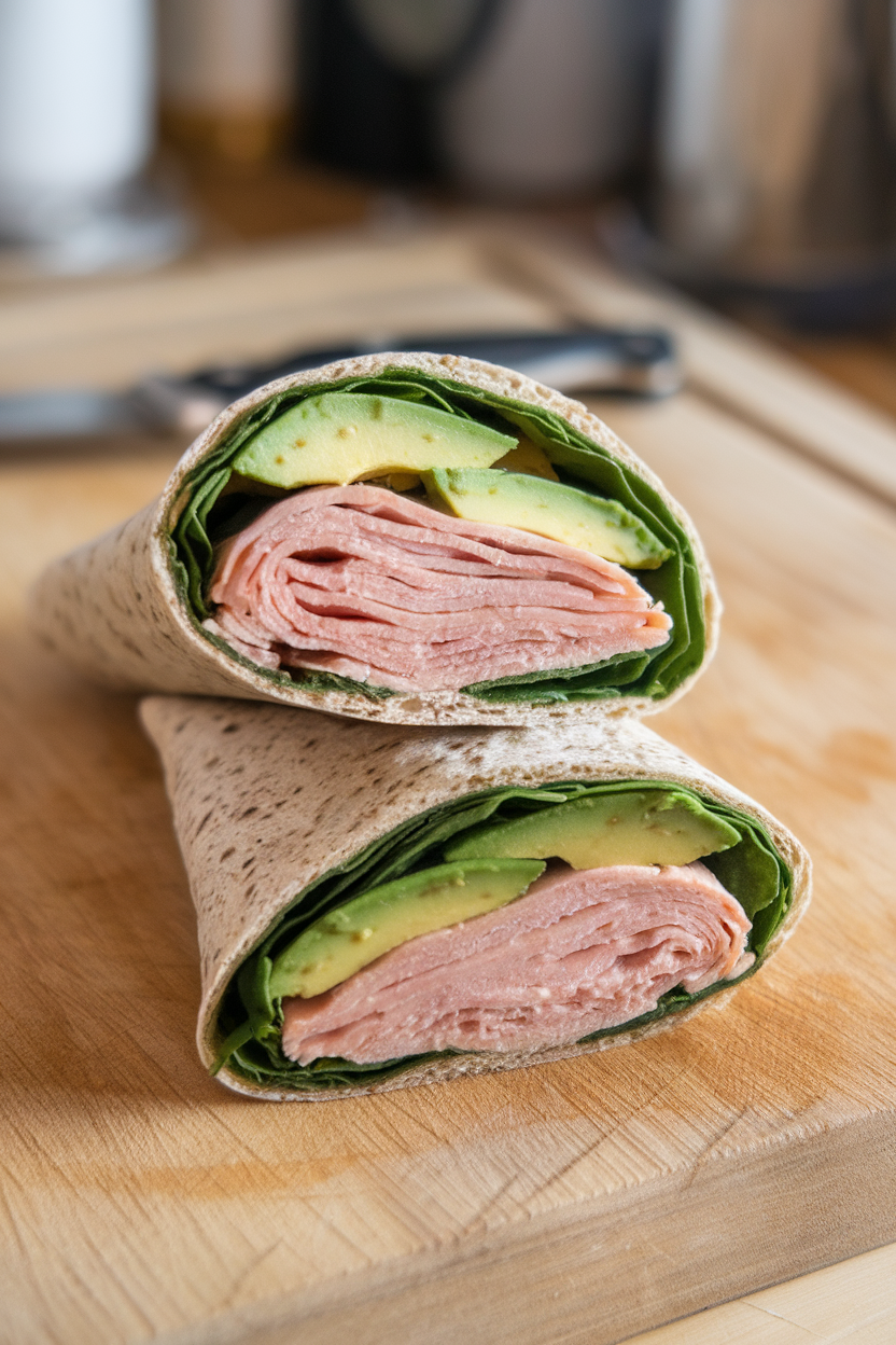 An indoor cutting board view of a halved whole-grain wrap filled with sliced avocado, turkey breast, and baby spinach. Photo, no text or logos.
