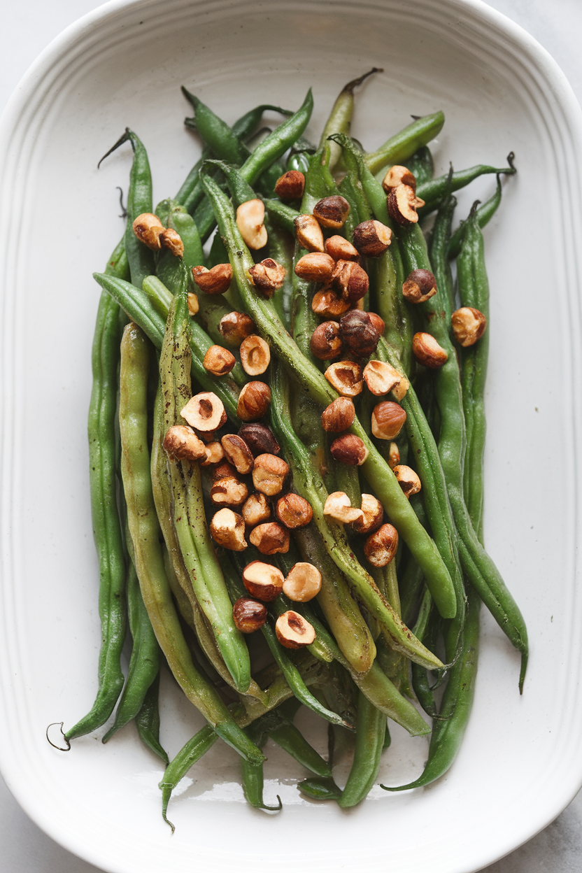 Indoor photo of slender green beans coated in speckled brown butter and toasted hazelnuts on a white platter. No text or logos.