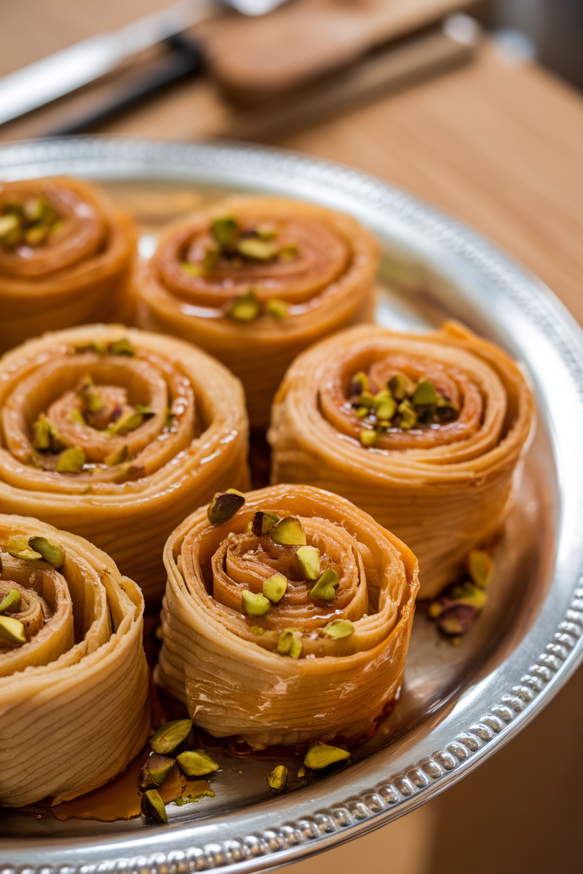 Indoor photo of spiraled baklava rolls on a silver tray, syrup glistening under warm light, chopped pistachios sprinkled on top, no text or logos