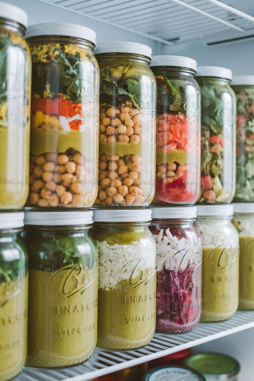 Refrigerator shelf lined with tall glass jars layered from bottom to top: vinaigrette, chickpeas, chopped veggies, leafy greens. No text or logos. Photo.