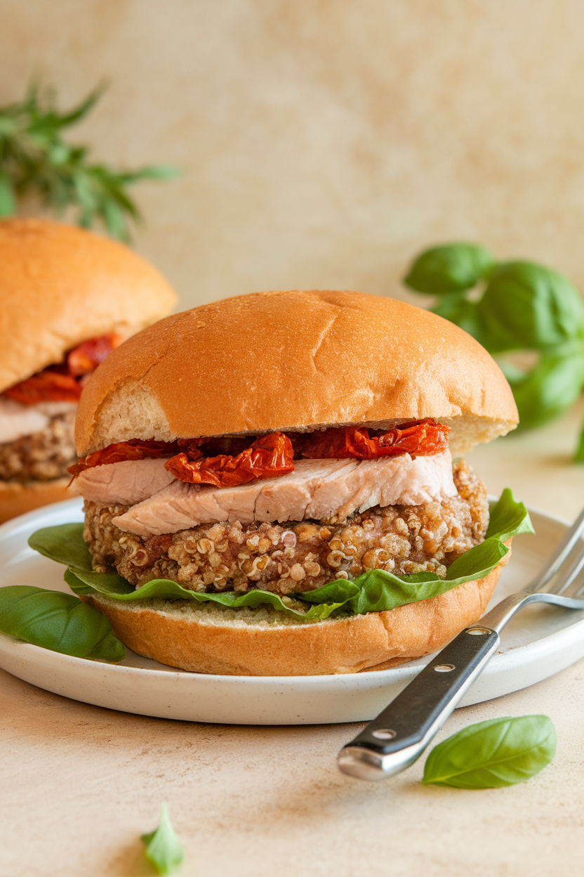 Photo of a chicken-quinoa burger with visible sun-dried tomato bits, served with basil leaves indoors; no text or logos; photo, not illustration