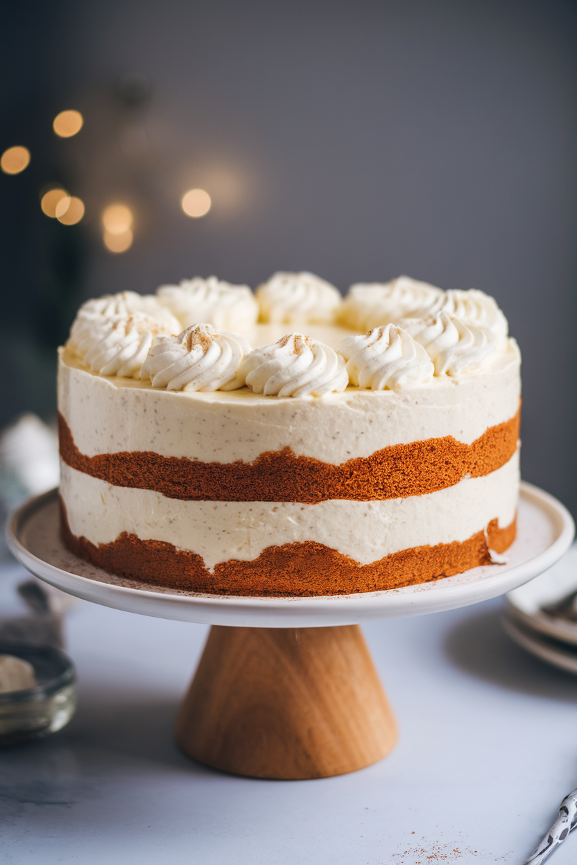 Cake stand indoors holding alternating layers of vanilla sponge and creamy eggnog cheesecake, frosted with nutmeg-flecked whipped cream. Gentle lighting; photo, no logos.