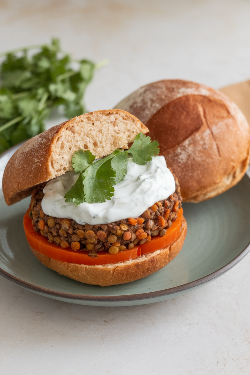 Photo of an indoor kitchen plate holding a lentil and carrot burger topped with Greek yogurt sauce and cilantro, whole-wheat bun to the side; no text or logos; photo, not illustration