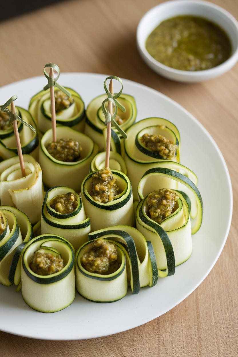 Indoor plate featuring small pesto-topped zucchini ribbon curls secured with cocktail picks—photo, no text or logos.