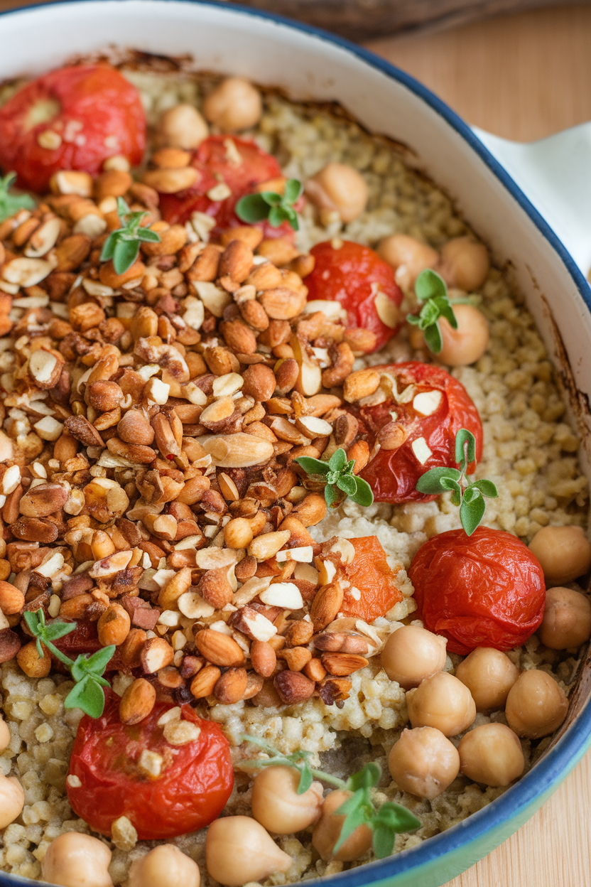 Indoor photo showing a gratin dish of cooked millet with chickpeas, cherry tomatoes, and fresh oregano, finished with a crunchy almond topping. No logos or text.