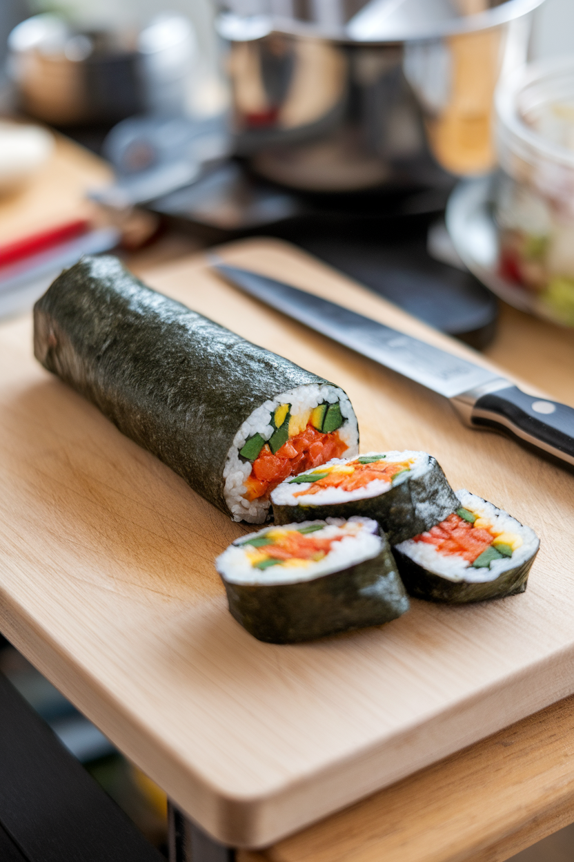 Indoor cutting board showing a sliced sushi burrito wrapped in nori, filled with colorful veggies and brown rice. No text or logos.