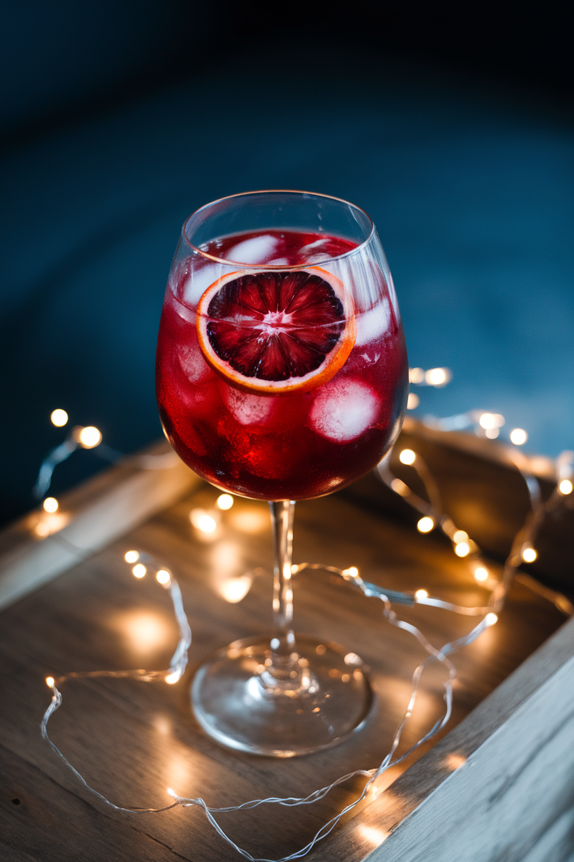 Indoor photo of a wine glass with deep red blood orange spritz, thin blood orange round floating on ice cubes; dim holiday lights; no text or logos.