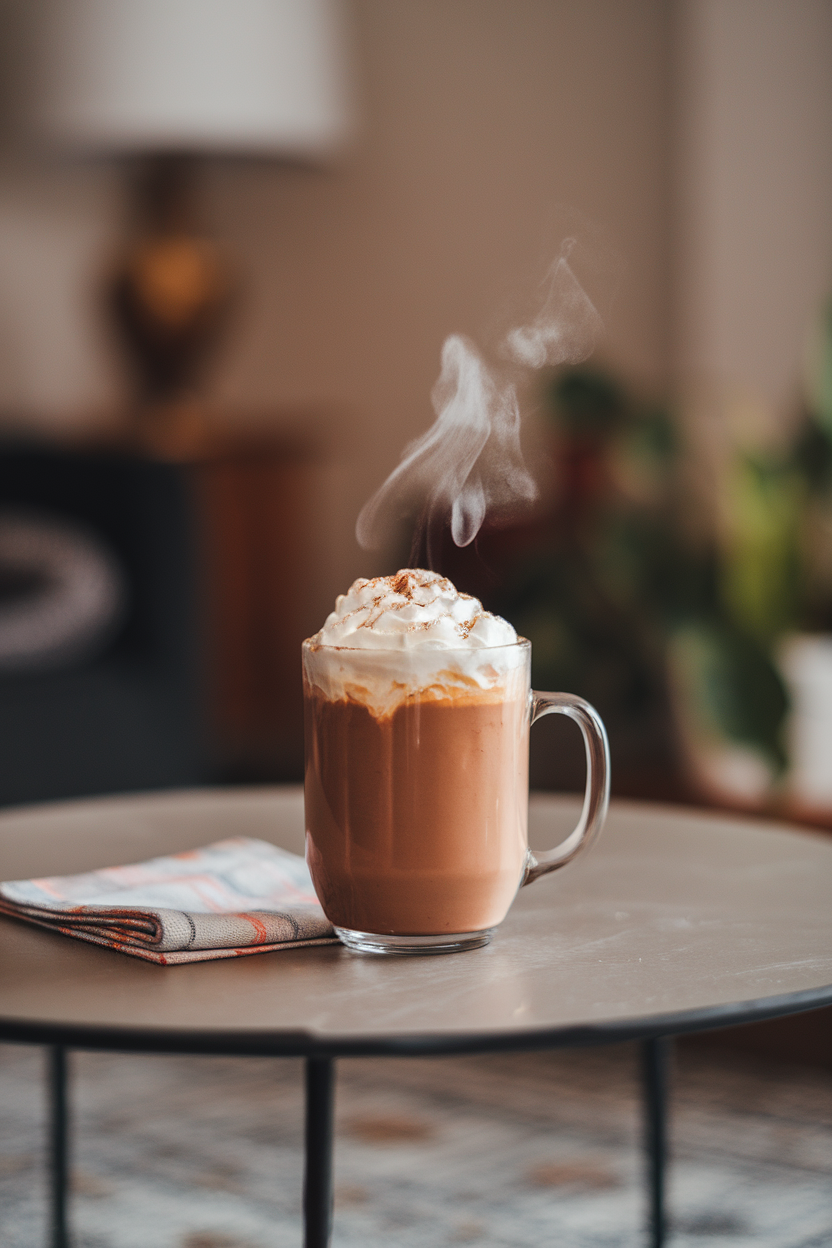 A steaming mug of pumpkin spice hot chocolate on an indoor coffee table, topped with whipped cream and a sprinkle of nutmeg, small cloth napkin nearby. Photo, no text or logos on mug or napkin.