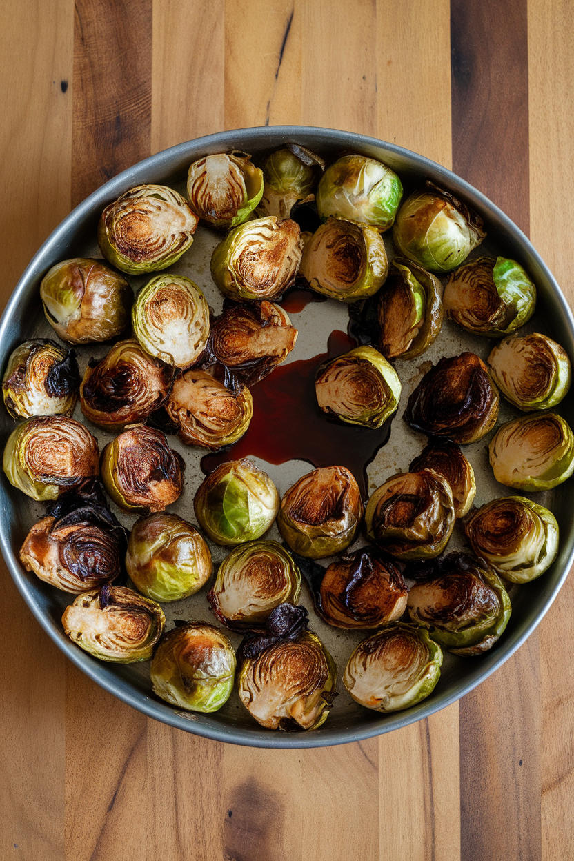 Indoor photo of a shallow baking dish of roasted Brussels sprouts, some leaves browned, lightly drizzled with sticky balsamic reduction. No text or logos.