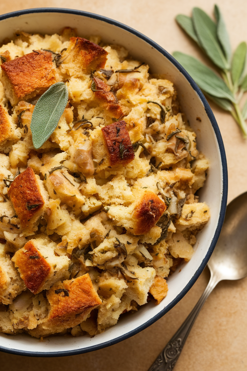 Indoor photo of a bowl of traditional bread stuffing flecked with sage and onion, serving spoon beside it, no text or logos.
