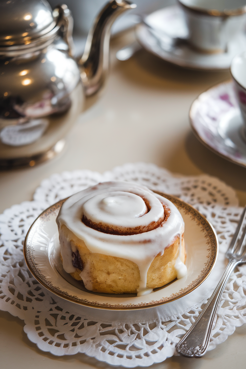A single cinnamon roll on a small plate beside a fork on an indoor brunch table; no text or logos; photo