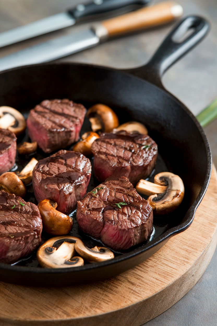 An indoor cast-iron skillet containing seared steak bites and cremini mushrooms glazed with balsamic vinegar. No text or logos. Photo only.