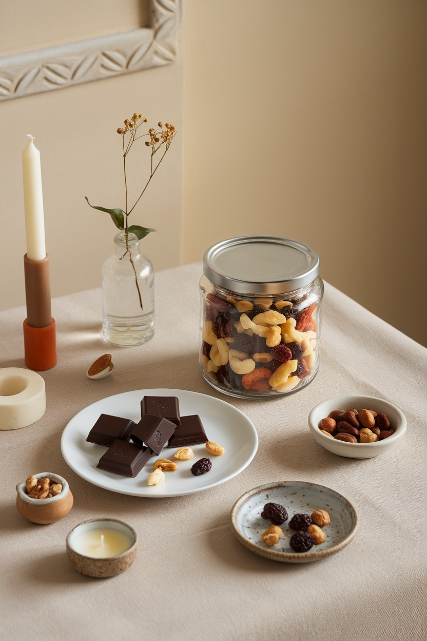 Indoor tablescape with a jar of mixed nuts and dried fruit beside a small dish of dark chocolate squares, no text or logos. Photo.