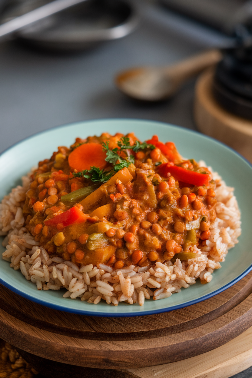 An indoor plate of lentil and vegetable curry served over brown rice—photo, no text or logos.