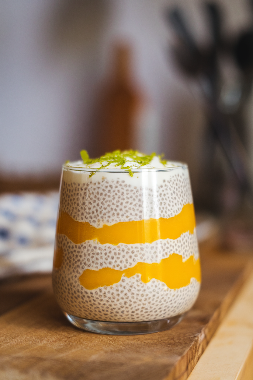 Indoor photo of a glass tumbler filled with creamy chia pudding layered with mango purée and lime zest; no text or logos.