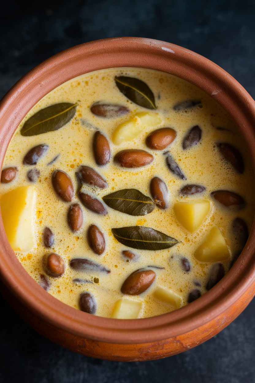 Photo prompt: An indoor clay pot with creamy curry holding jackfruit seeds and potatoes, curry leaves floating. No text or logos present.