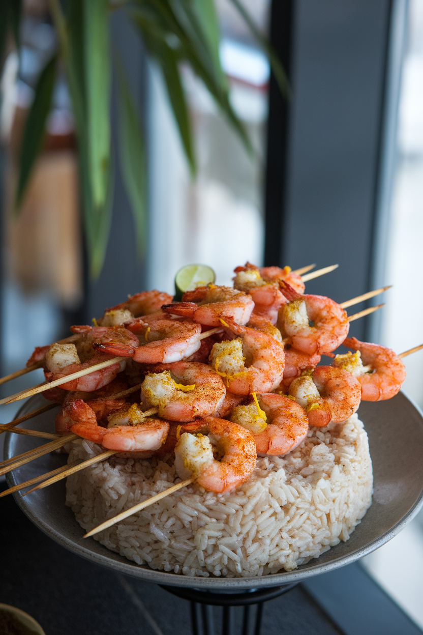 An indoor platter with wooden skewers of grilled shrimp dusted in chili powder and lime zest, served over a mound of fluffy brown rice. No text or logos anywhere.