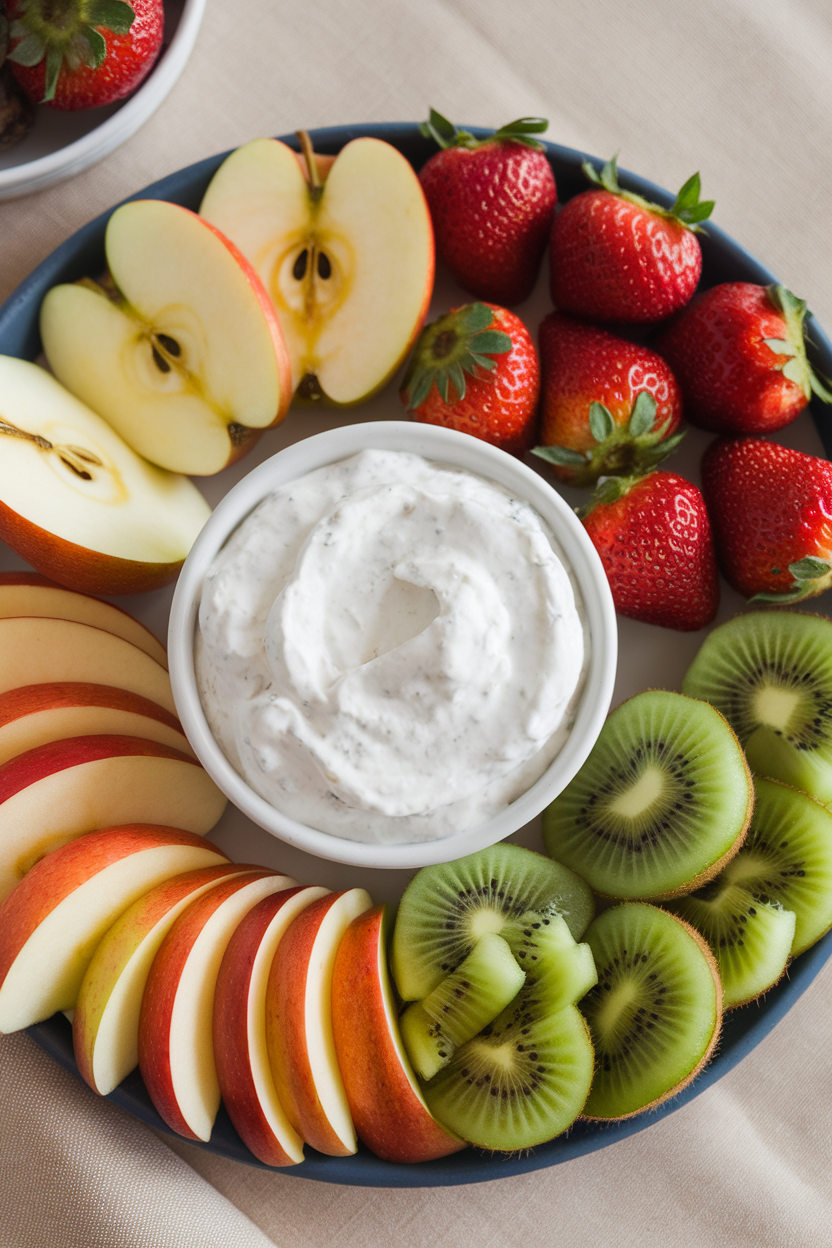 Indoor platter featuring a small bowl of whipped cottage cheese dip surrounded by apple slices, strawberries, and kiwi chunks. No text or logos present.