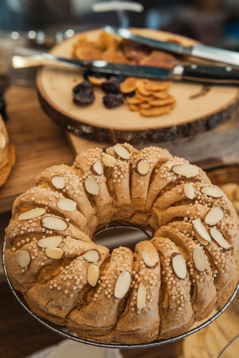 Indoor bakery display style photo of figure-eight Scandinavian kringla sprinkled with sliced almonds and pearl sugar; no text or logos.