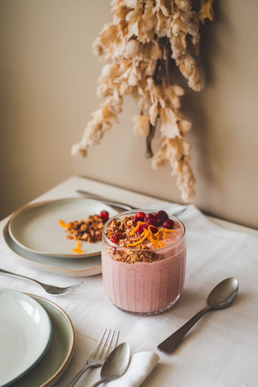 A smoothie bowl topped with granola, cranberries, and orange zest on an indoor breakfast table. No text or logos.