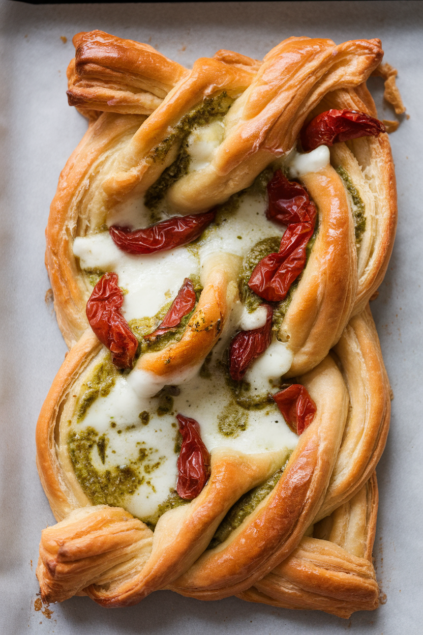 Photo of an indoor baking sheet lined with twisted puff pastry strips laced with pesto, sun-dried tomatoes, and melted mozzarella; golden and flaky, no text or logos