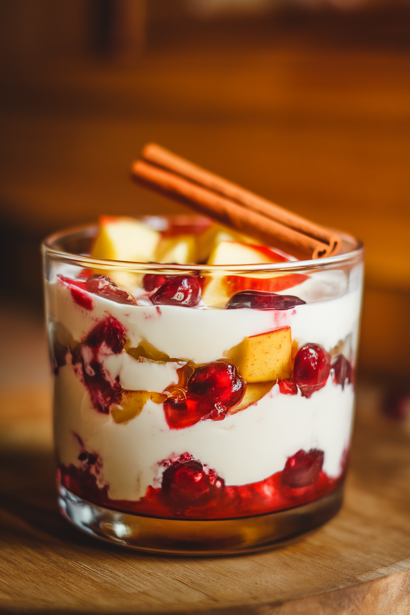 A glass bowl indoors layered with creamy Greek yogurt and warm cranberry apple compote, cinnamon stick garnish. No text or logos. Photo, not illustration.