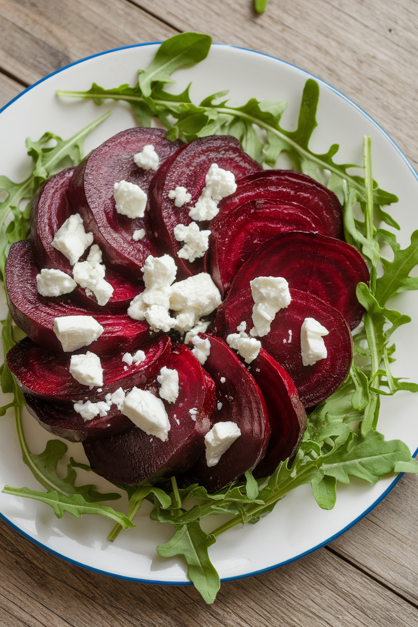 An indoor plate with sliced roasted beets, crumbled goat cheese, and arugula, photo, no text or logos.