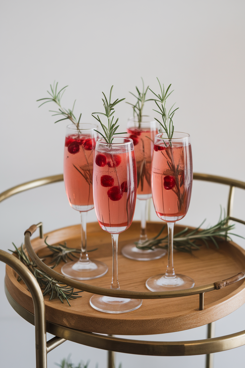 Indoor bar cart featuring champagne flutes of pink cranberry mocktail garnished with rosemary sprigs, no text or logos. Photo only.