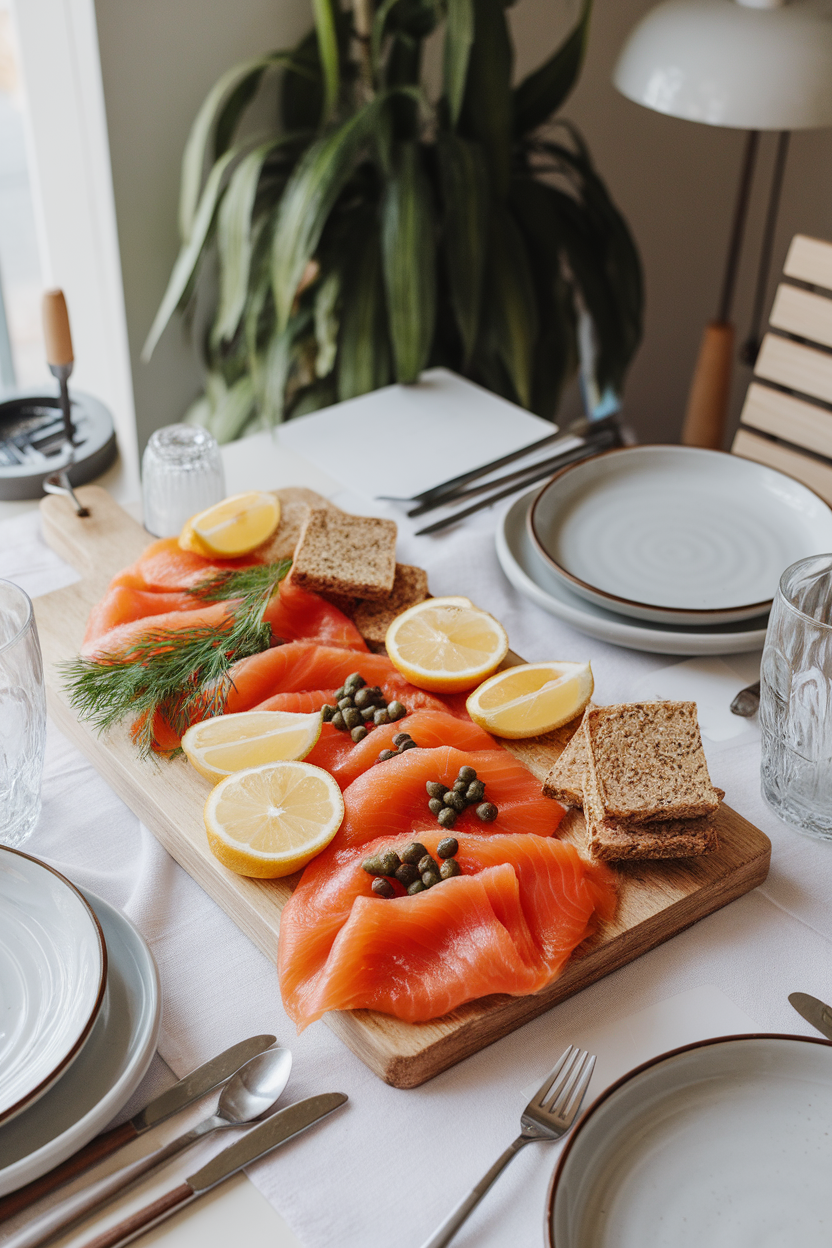 Indoor brunch table with a board holding slices of smoked salmon, lemon wedges, capers, dill sprigs, and mini pumpernickel squares; no text or logos