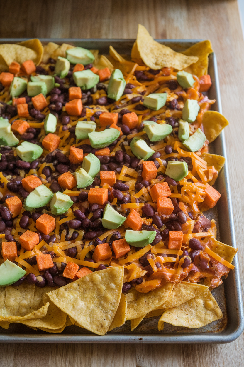 Baking sheet indoors piled with tortilla chips, roasted sweet potato cubes, black beans, melted cheese, topped with diced avocado. No logos or text visible.