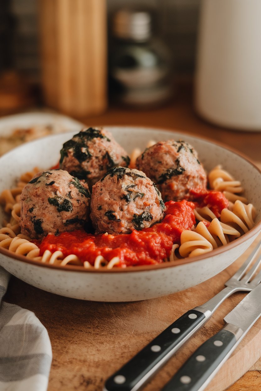 An indoor kitchen scene with a bowl of turkey meatballs flecked with spinach, served over marinara-coated whole-wheat pasta. No text or logos; photo only.