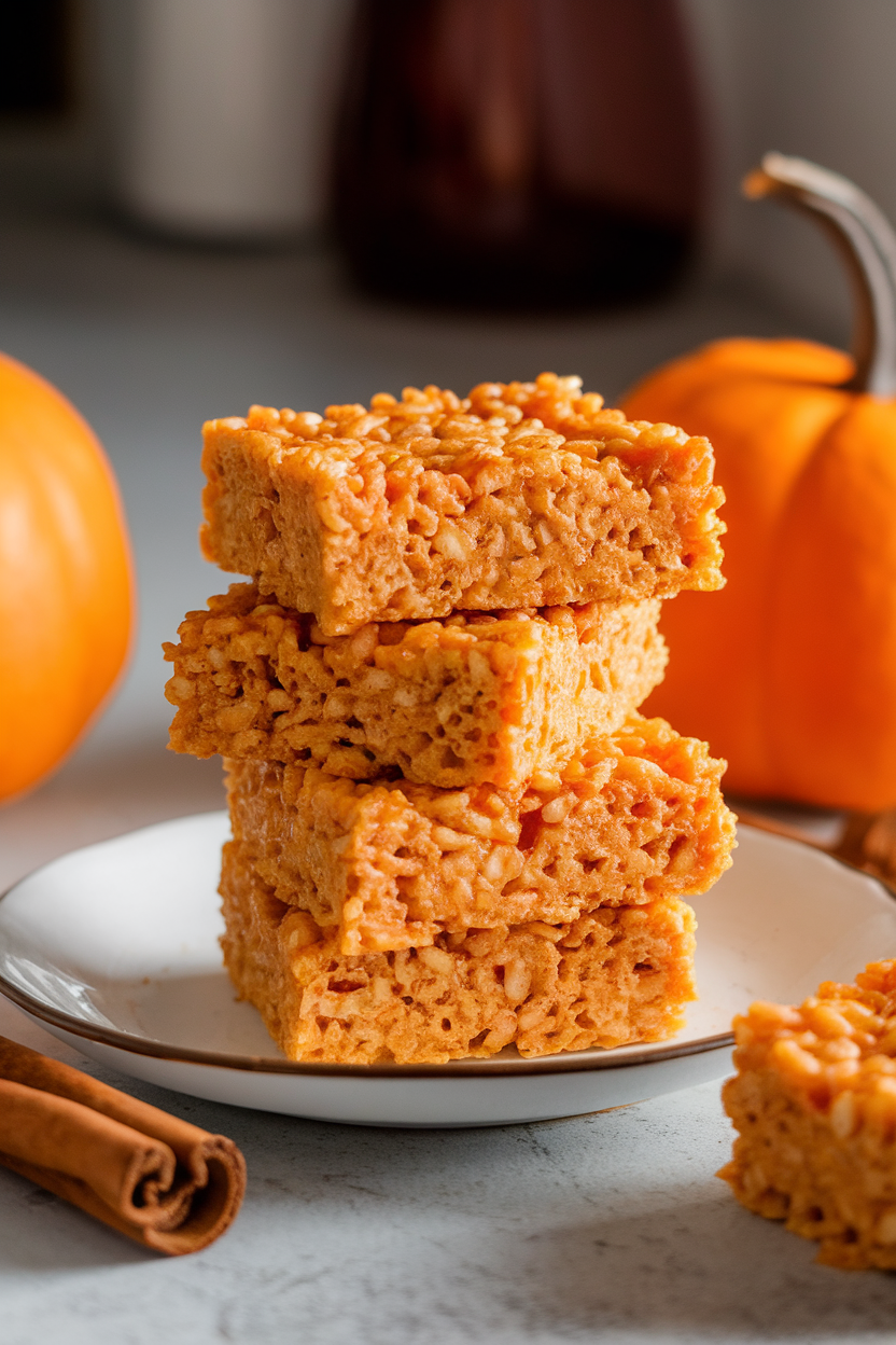 A photo of a stack of pumpkin-orange Rice Krispie treats on a white plate, indoor countertop, hints of cinnamon sticks nearby, no text or logos.